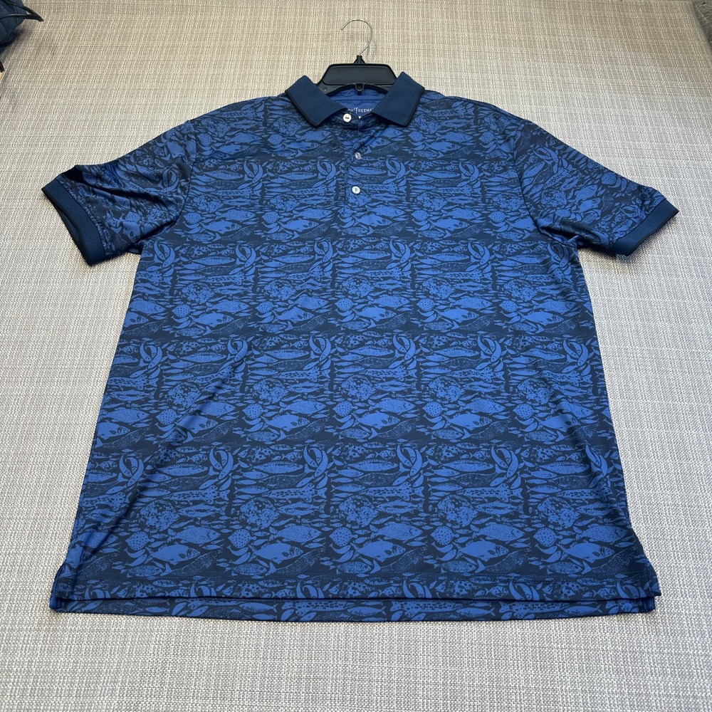 Hickey Freeman Polo Shirt Mens Medium Fish Print Blue Golf Performance